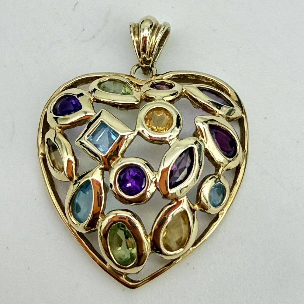 Vtg 10K Yellow Gold Multi-Gemstone Heart Pendant  3.83 Gr Domed Topaz Amethyst